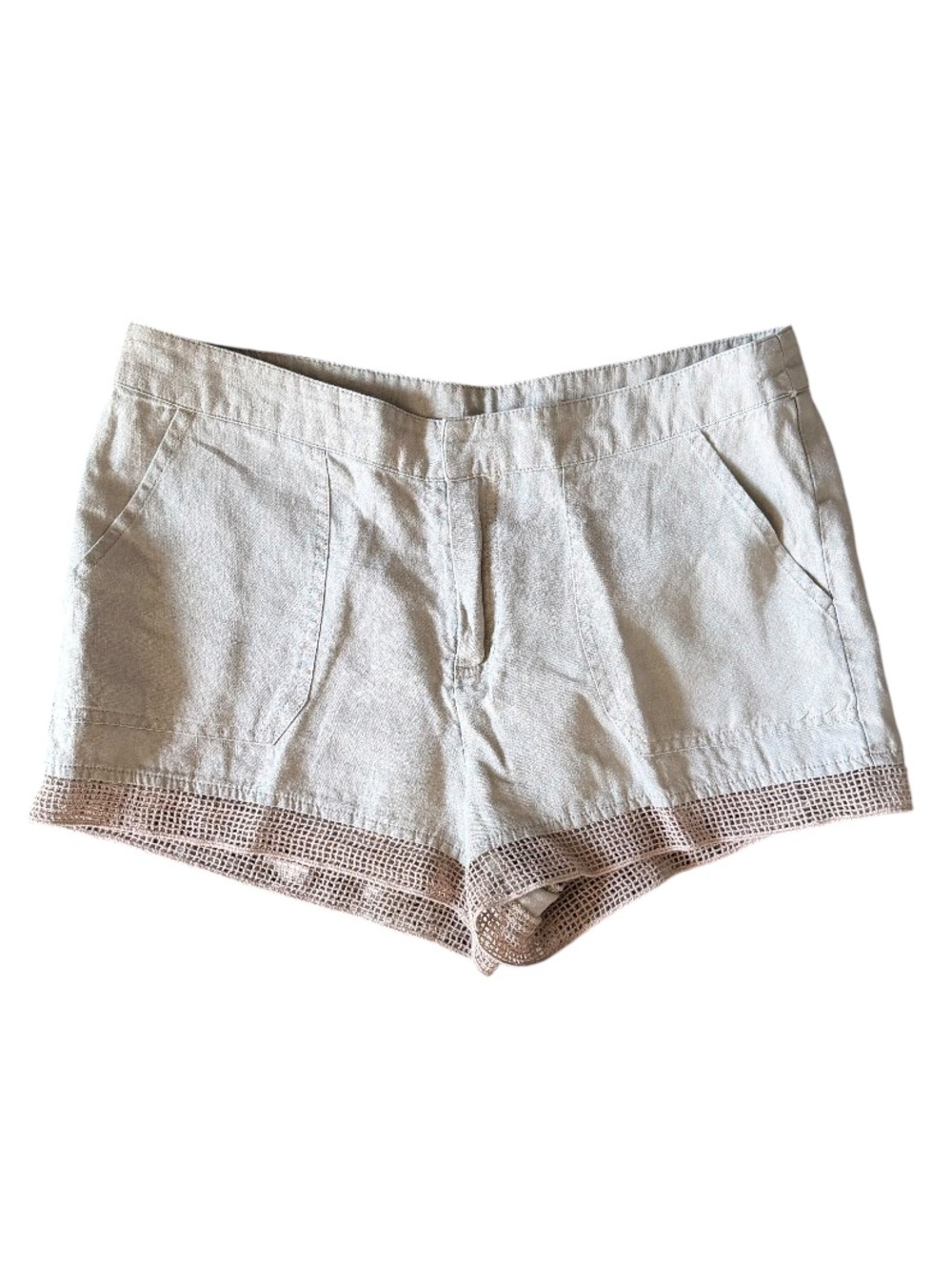 La Blanca Light Beige 100% Linen Shorts with Crochet Trim Detail